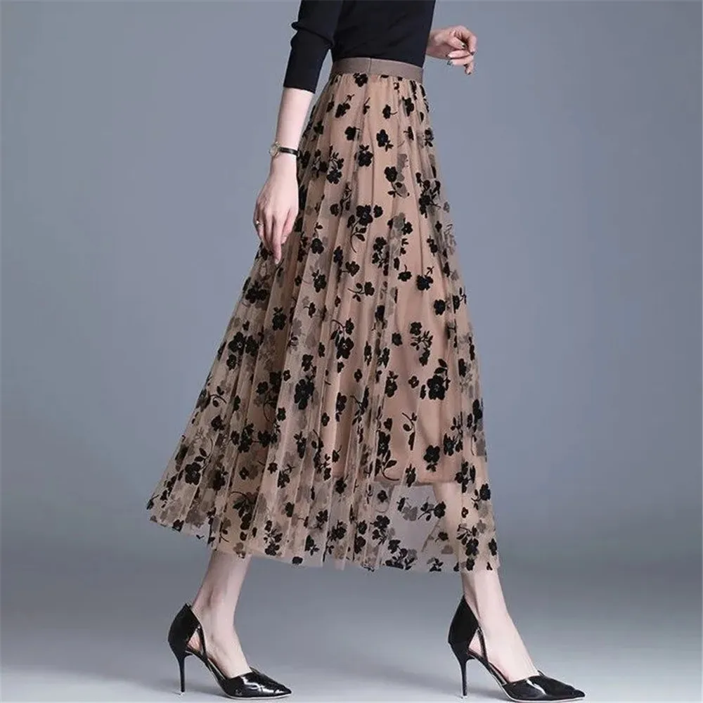 

Mesh Floral Skirt Women 2023 Spring Summer Autumn Long Gauze Skirt High Waisted Grace Fashion Puff Skirts Elegant Mujer Printing