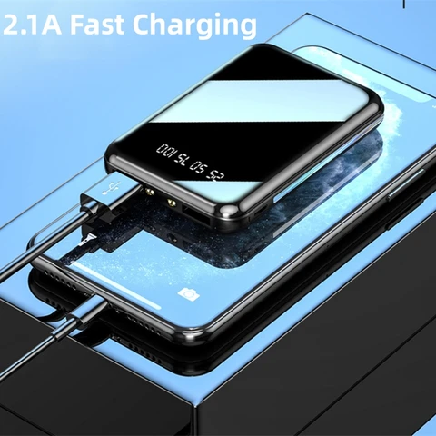 Мини-Power Bank емкостью 20000 мАч, двойной USB-порт с зеркальным экраном, портативное зарядное устройство для iPhone 16, запасная батарея Samsung Xiaomi Powerbank