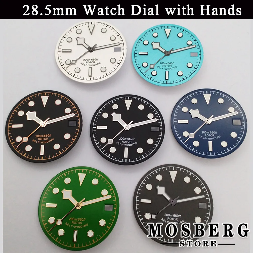 

28.5mm Black Green Sterile Luminous Watch Dial Watch Hands With Date Window For NH35 NH35A Movement Accessory Parts