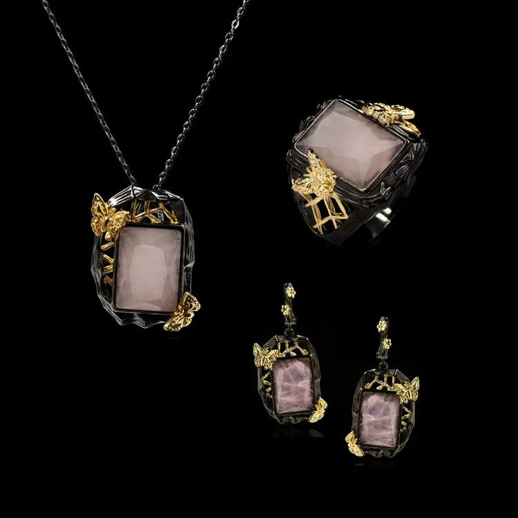 

CIZEVA Elegant Temperament Ruby jewelry Three-Piece Square Shape Red Tourmaline Ring Necklace Black Two Tone Gold Party Jewelry