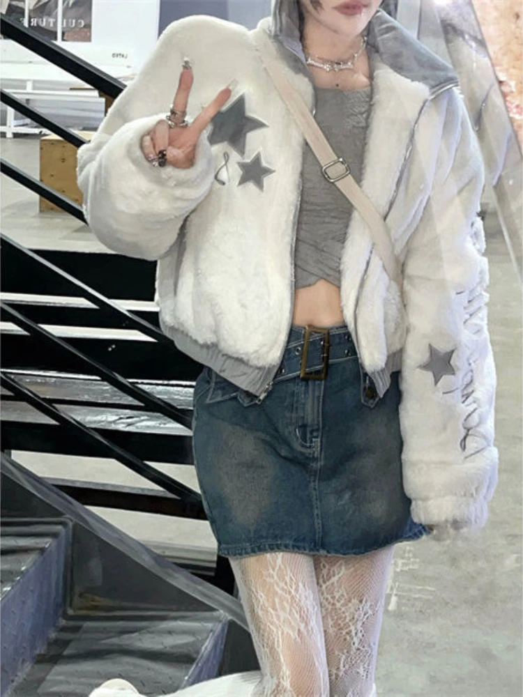 

Укороченная куртка в стиле хип-хоп Harajuku, женское винтажное пушистое пальто на молнии на осень и зиму, Y2k, куртки из искусственного меха с вышивкой в виде звезд