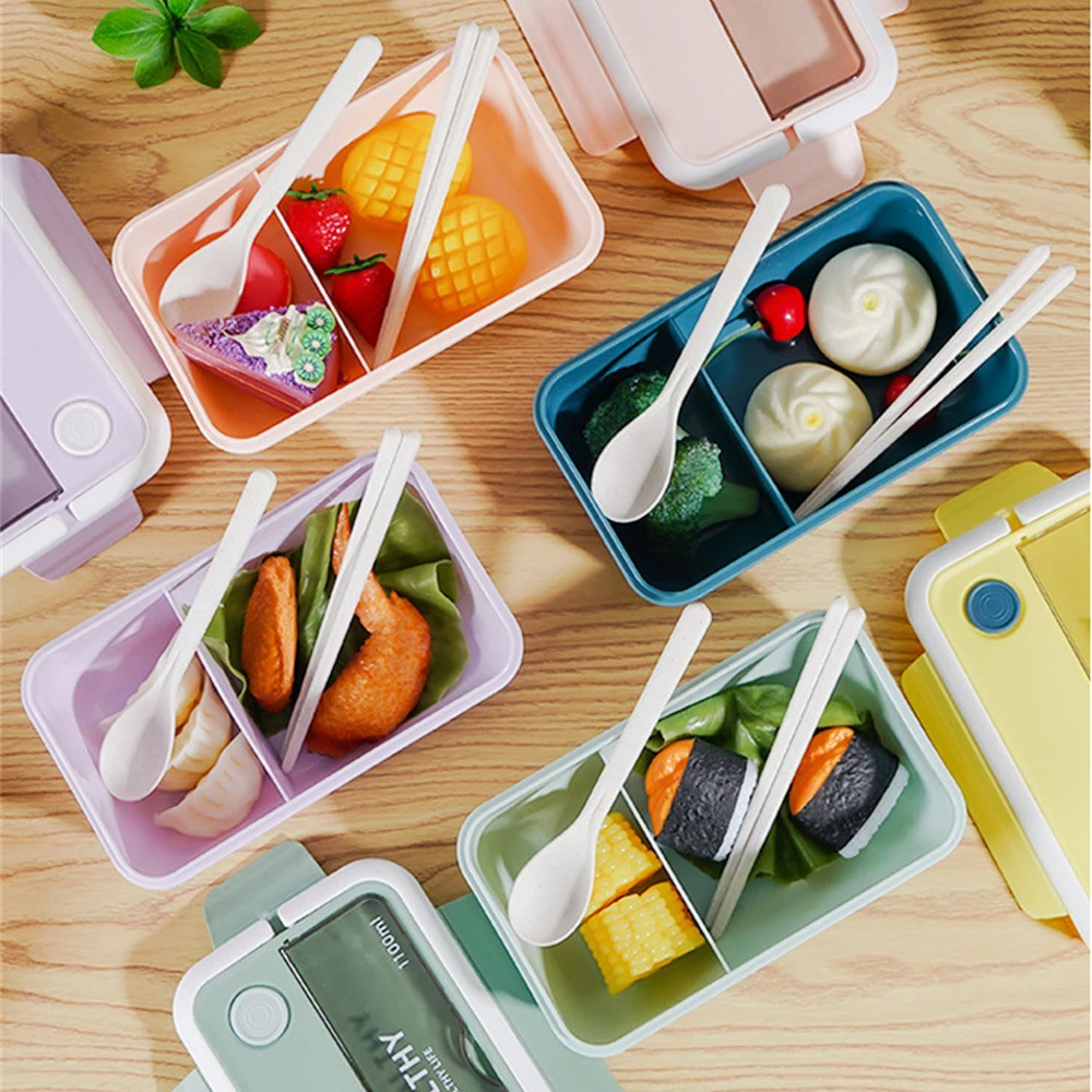 

1pc Children Student Bento Box New Microwave Lunch Box Portable With Spoon Chopsticks Bento Box Tableware Supplies Grid Design