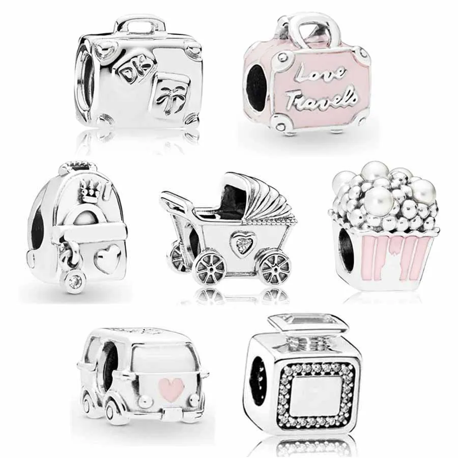 

Original Baby Pram With Crystal Suitcase Silver Travel Popcorn Pearls Charms Fit Europe Bracelet 925 Sterling Silver Bead