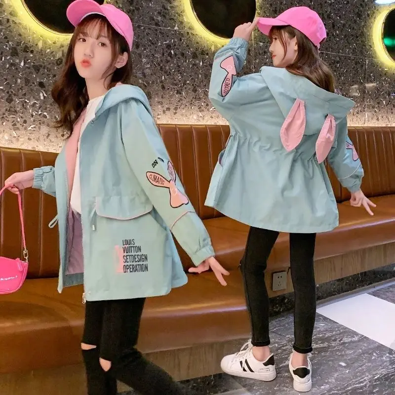 

Cute Spring Autumn Children Casual Cartoon Coats Jackets Hooded Leisure Long Trench for Teen Big Girls 8 9 10 11 12 13 14 15Y