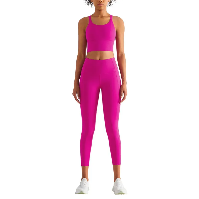 Solid Color Women Gym Fitness Yoga Set Solid Color Adjustable Shoulder Straps Top Leggings 2pc Suit Soft Comprehensive Training