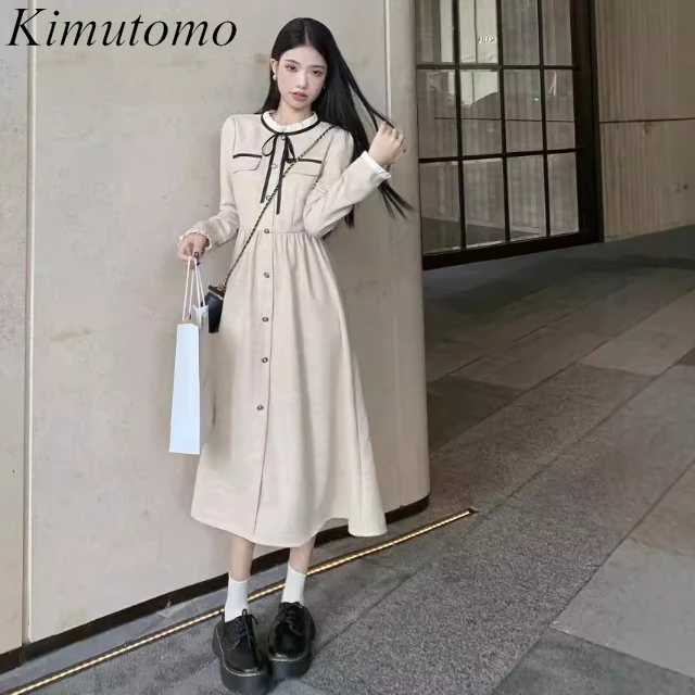 Kimutomo маленькое ароматное платье для женщин контрастное миди на шнуровке с