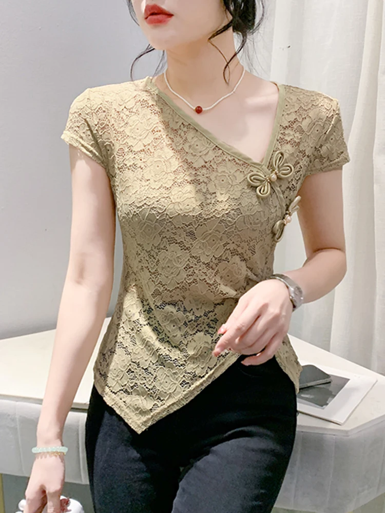 # 7244 Черная бежевая кружевная футболка цвета хаки женская с косым воротником