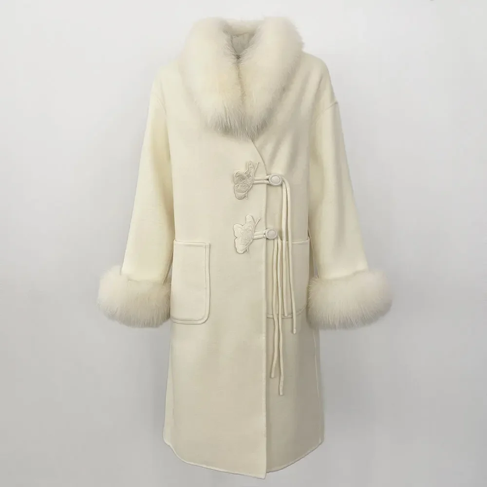 Женское пальто с вышивкой OFTBUY длинное теплое из смешанной шерсти большим