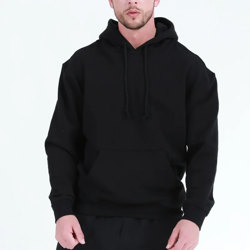 

Black Plain Heavy Men Weight Retro Cotton Thick Hooded Sweatshirt Winter Long Sleeve Sport Hoodie Oversize Warm Pullover