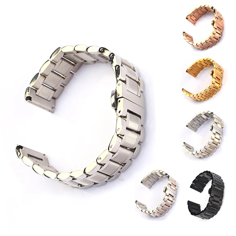Five-bead Solid Stainless Steel Strap 12-24mm Double Press Butterfly Clasp Universal Strap Free Elbow +Tools Watch Accessories