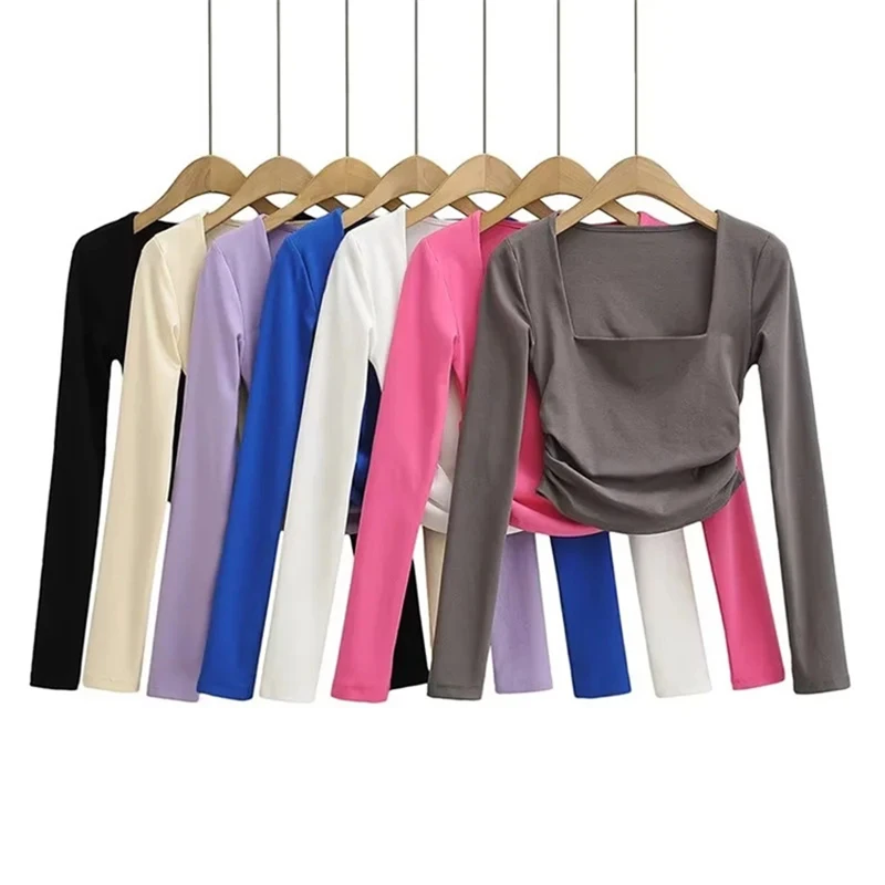 

Футболка женская облегающая с двойным квадратным вырезом, пикантная плиссированная рубашка с длинным рукавом, высокая эластичность, 7 цвет...