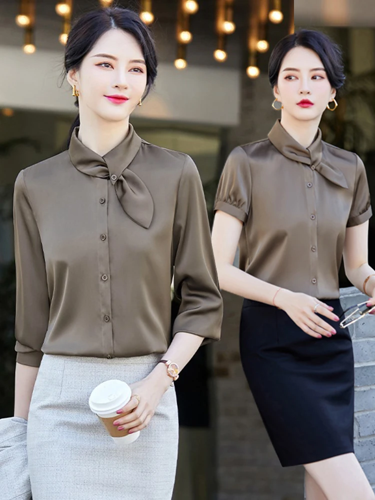 Коричневые шифоновые рубашки женская весенне-осенняя деловая одежда рубашка