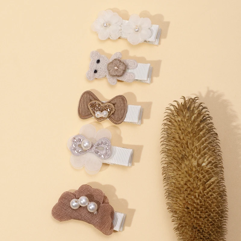 

5Pcs/Lot Mini Hair Clips Baby Girl Brown Hairpin Children Bear Flower Pearl Barrettes For Infant Side Pins Chic Accessories