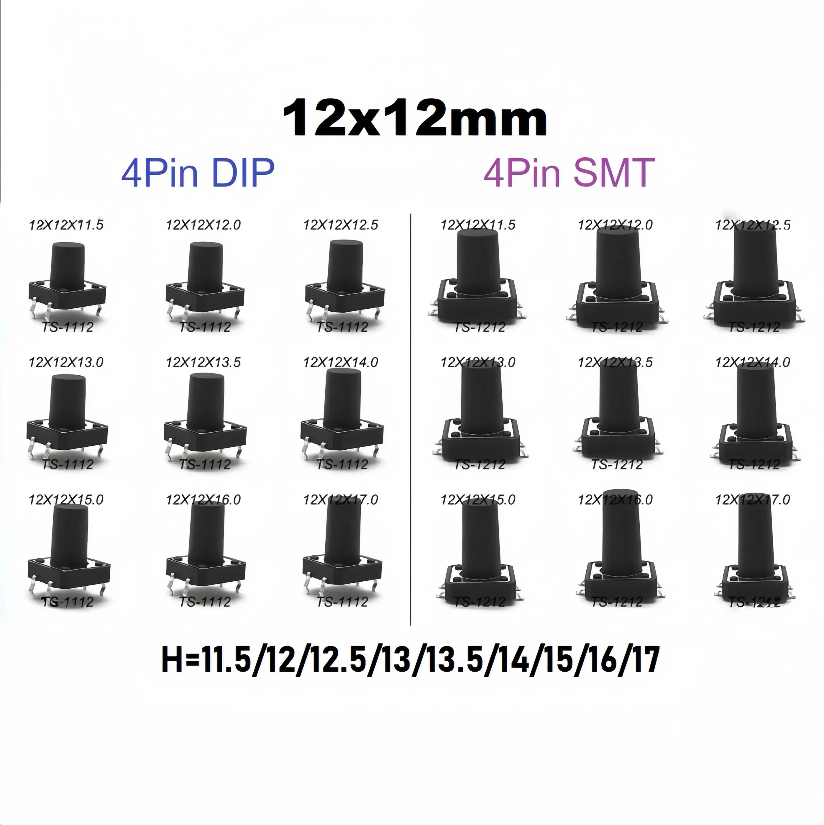 

10 шт. 12X12 мм H = 11,5/12/12,513/13,5/14/15/16/17 мм 4PIN DIP SMT мгновенный тактильный тактовый переключатель кнопка черный