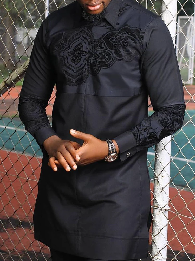 Muslim Fashion Men Shirt Africa Dubai Long Sleeve Top Casual Arabian Print Youth Black Cotton Lapel Indian Male Islamic Clothing