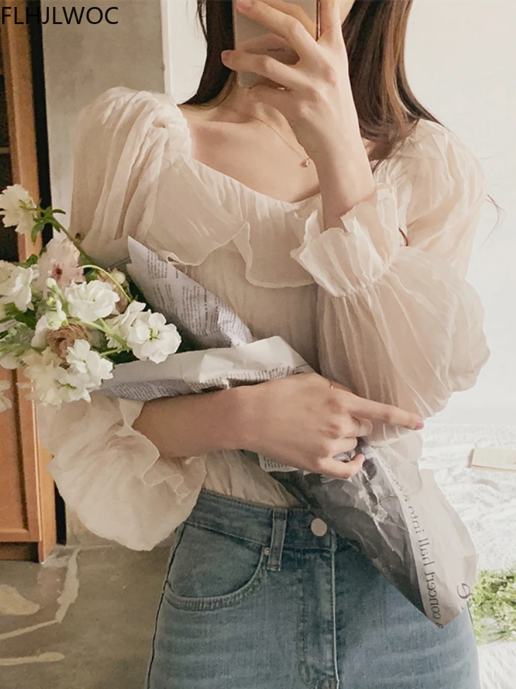 2022 New Korea Design Shirts Blouses Women Fashion Elegant Sweet Japan Girls Solid Off Shoulder Cute Ruffles Chic Tops 3006
