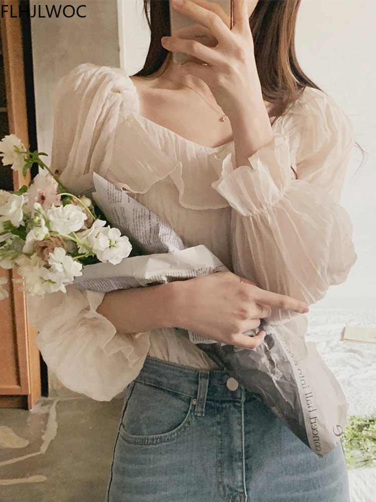

2022 New Korea Design Shirts Blouses Women Fashion Elegant Sweet Japan Girls Solid Off Shoulder Cute Ruffles Chic Tops 3006