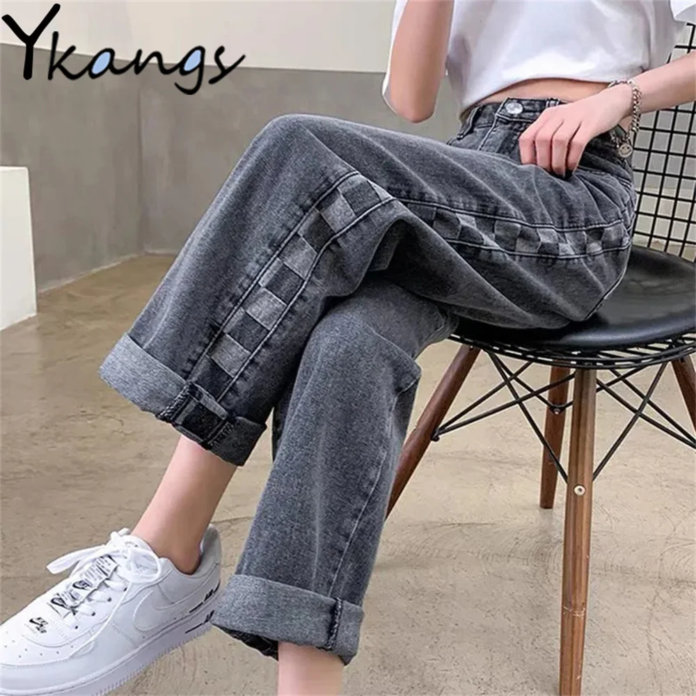 

Джинсы с завышенной талией в клетку уличная одежда, Свободные повседневные Прямые брюки с широкими штанинами, винтажные облегающие брюки-бойфренды из денима Весна и осень Harajuku Простая и универсальная женская одежда