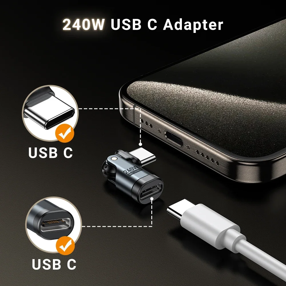 AUFU 180° USB C To Type Adapter OTG 240W 5A Fast Charging Cable Male Female Converter For Macbook Samsung