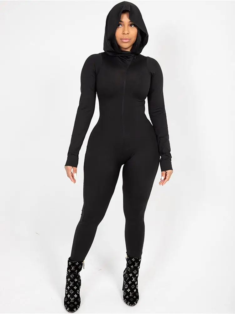 

Hoodie Jumpsuit Woman Stretchy Sexy Zip Up Bodycon Romper 2022 Autumn Y2K Sports Jogger Party Club Female Outfits