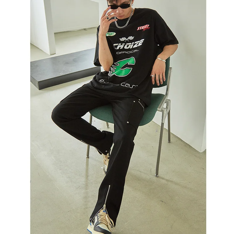 Streetwear Men 2022 New Pattern  Black Casual Pants Multiple Pockets Zipper Straight Cylinder Comfortable Jeans Autumn Female