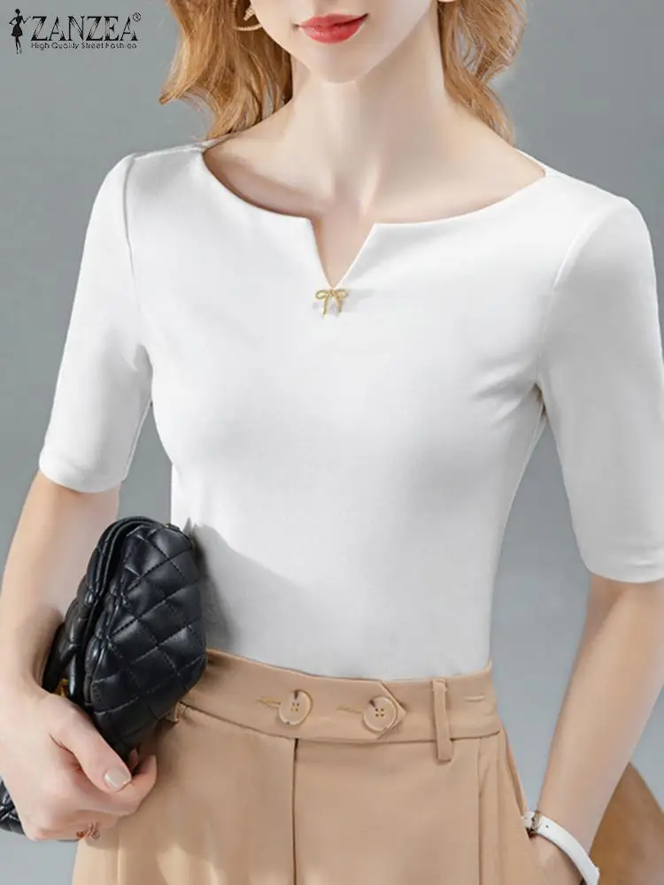 

ZANZEA Femme Fashion Solid Blouse Summer Half Sleeve V-Neck Shirt Woman Vintage Party Bodycorn Tunic Tops OL Office Blusas 2023
