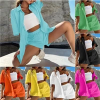 summer breathable two piece suit women cotton linen solid suit solid color long sleeve shirts and shorts casual sports outfits
