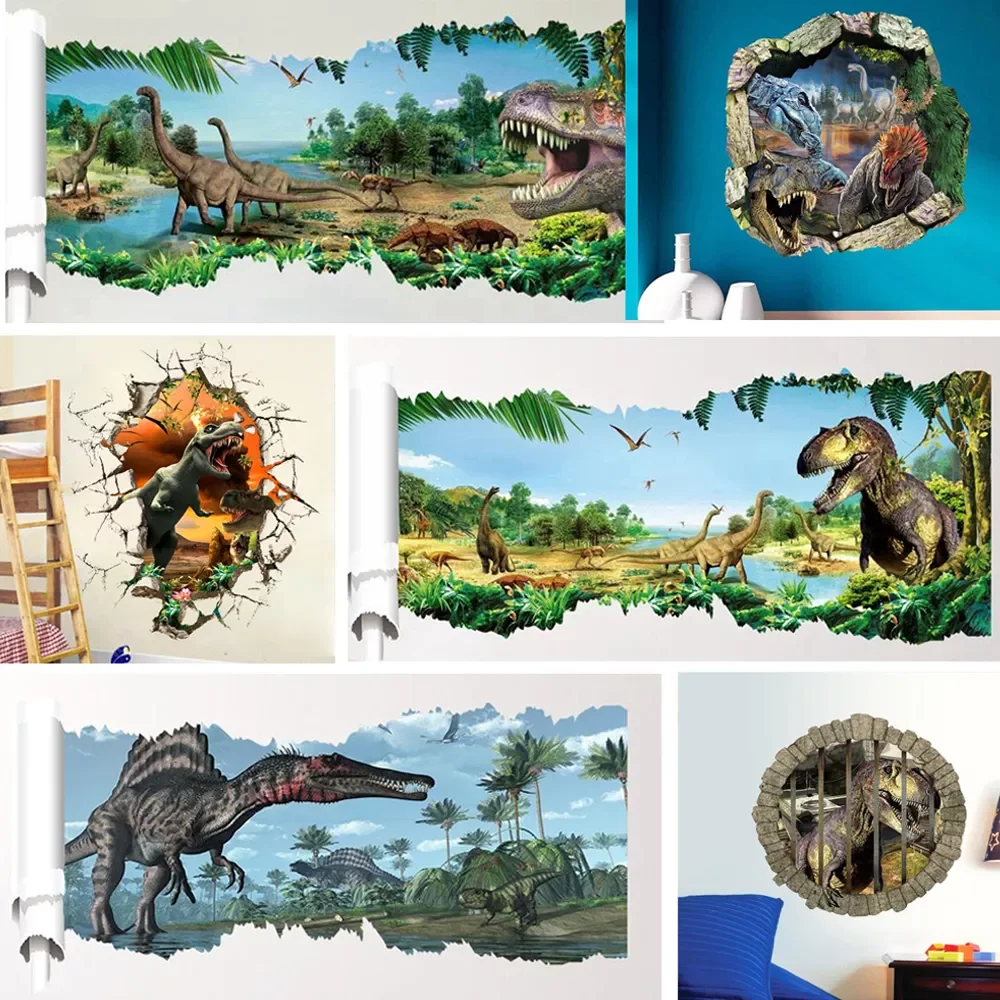 

3d Dinosaurs Wall Stickers Home Decoration Cartoon Living Room Jurassic Period Animals Print Decal Mural Art Poster Peel & S