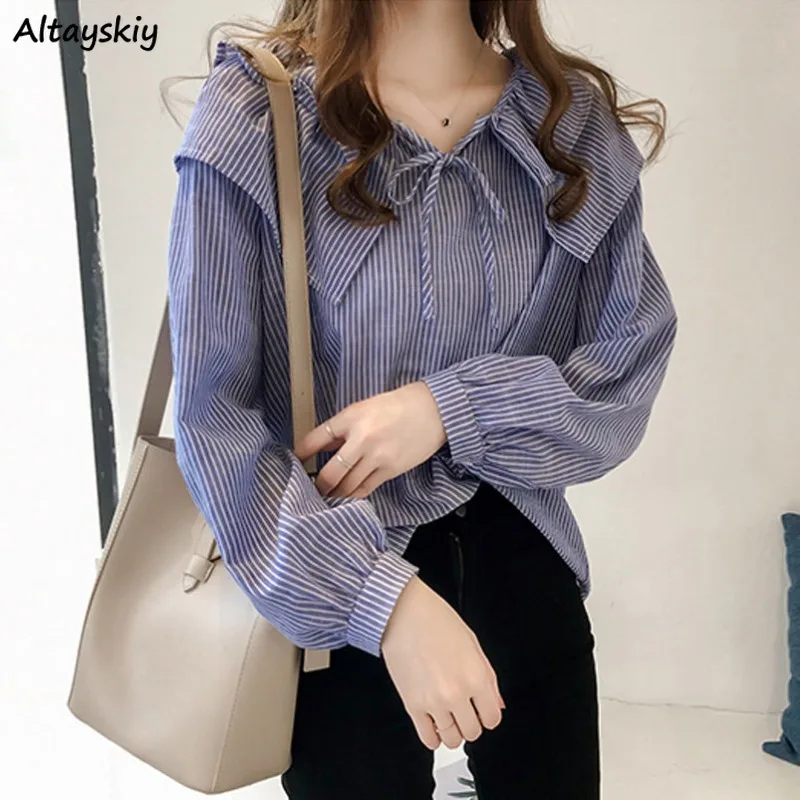 

M-4XL Blouses Women Striped All-match Lace-up Creativity Special Elegant Prevalent Korean Style Basics Leisure Simple Ladies New
