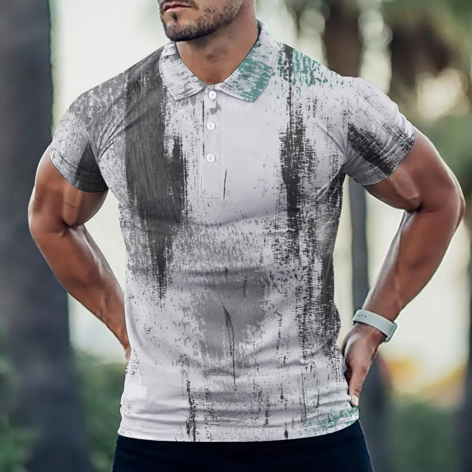 

Cool Summer Men's Short Sleeve Button Up T-Shirt with Geometric Pattern Print