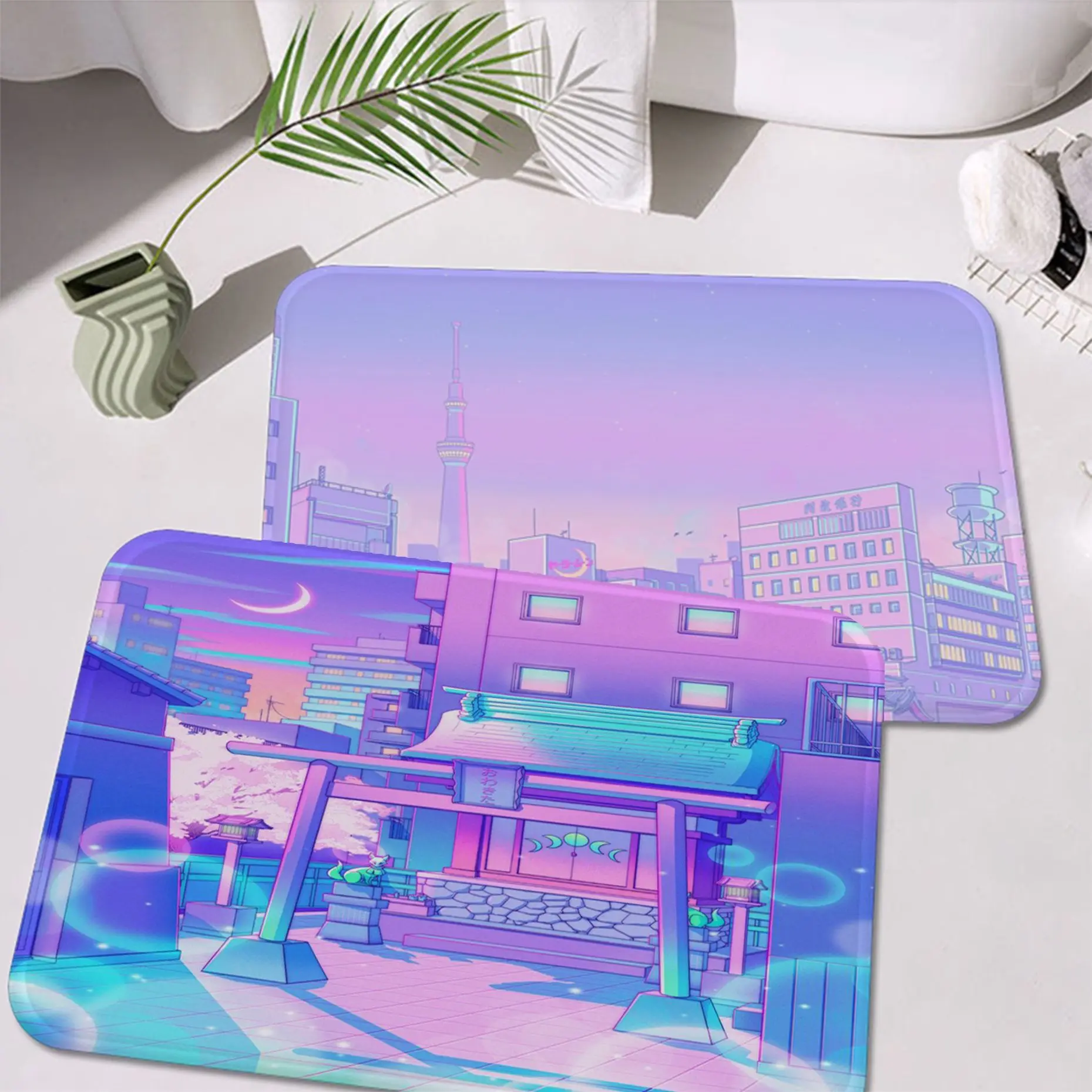 

80s Vaporwave Style City Night Street Cat Entrance Door Mat Washable Non-Slip Sofa Chairs Area Mat Kitchen Modern Home Decor
