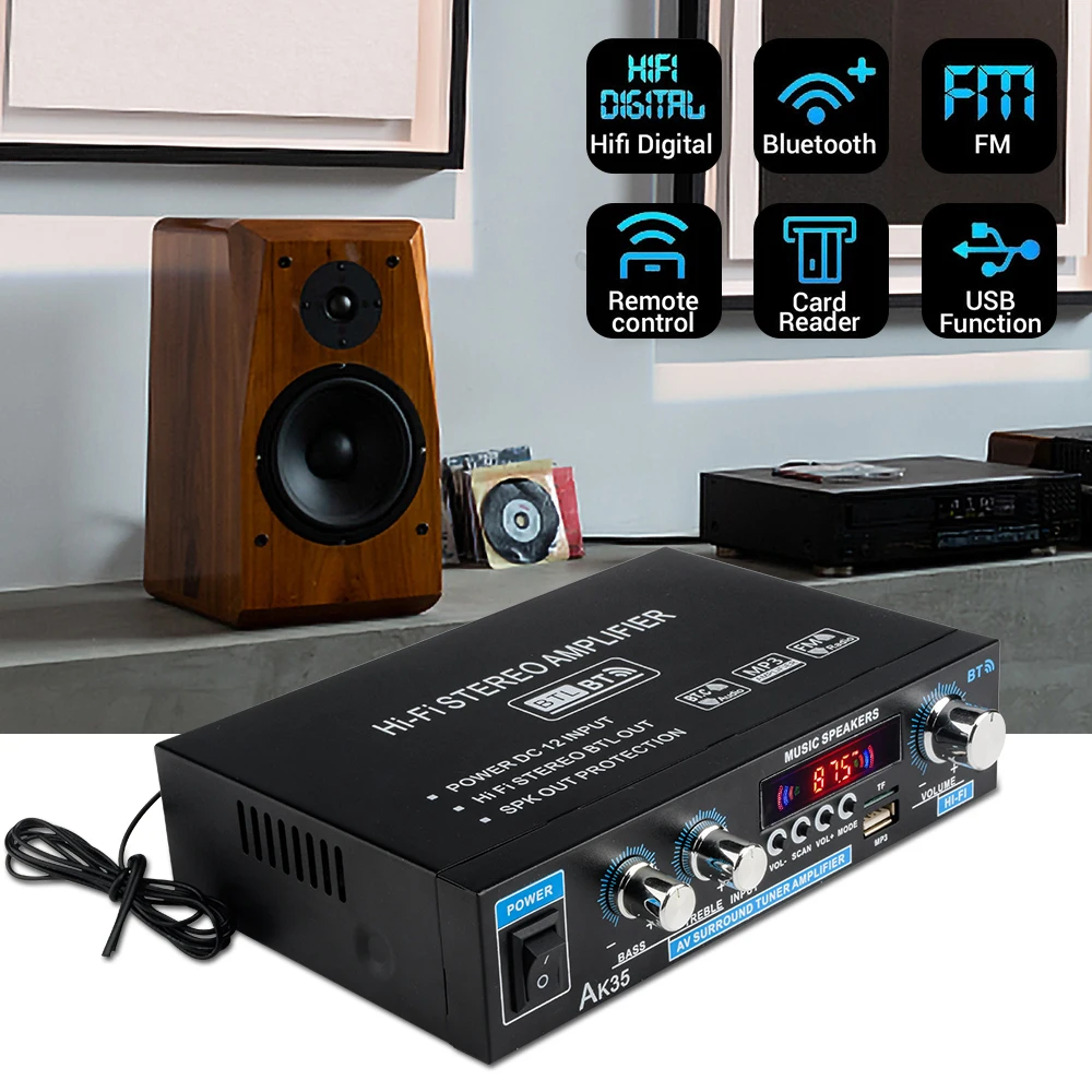 

Новый AK35 12 В 110 В-240 В Bluetooth усилитель USB HiFi стерео цифровой автомобильный аудио с дистанционным управлением USB FM автомобильная система домашнего кинотеатра