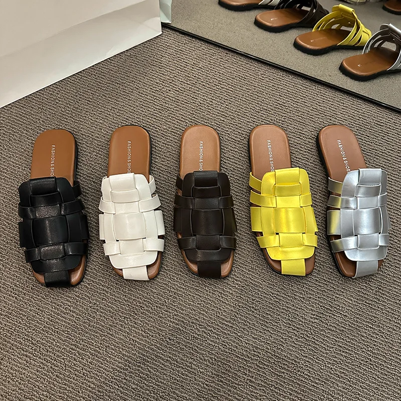 Roman Knitted Leather Sandals Woman Cross Band Weave Slippers Flat Heels Slides Comfy Beach Flipflops Ladies Cut-Out Shoes Mules