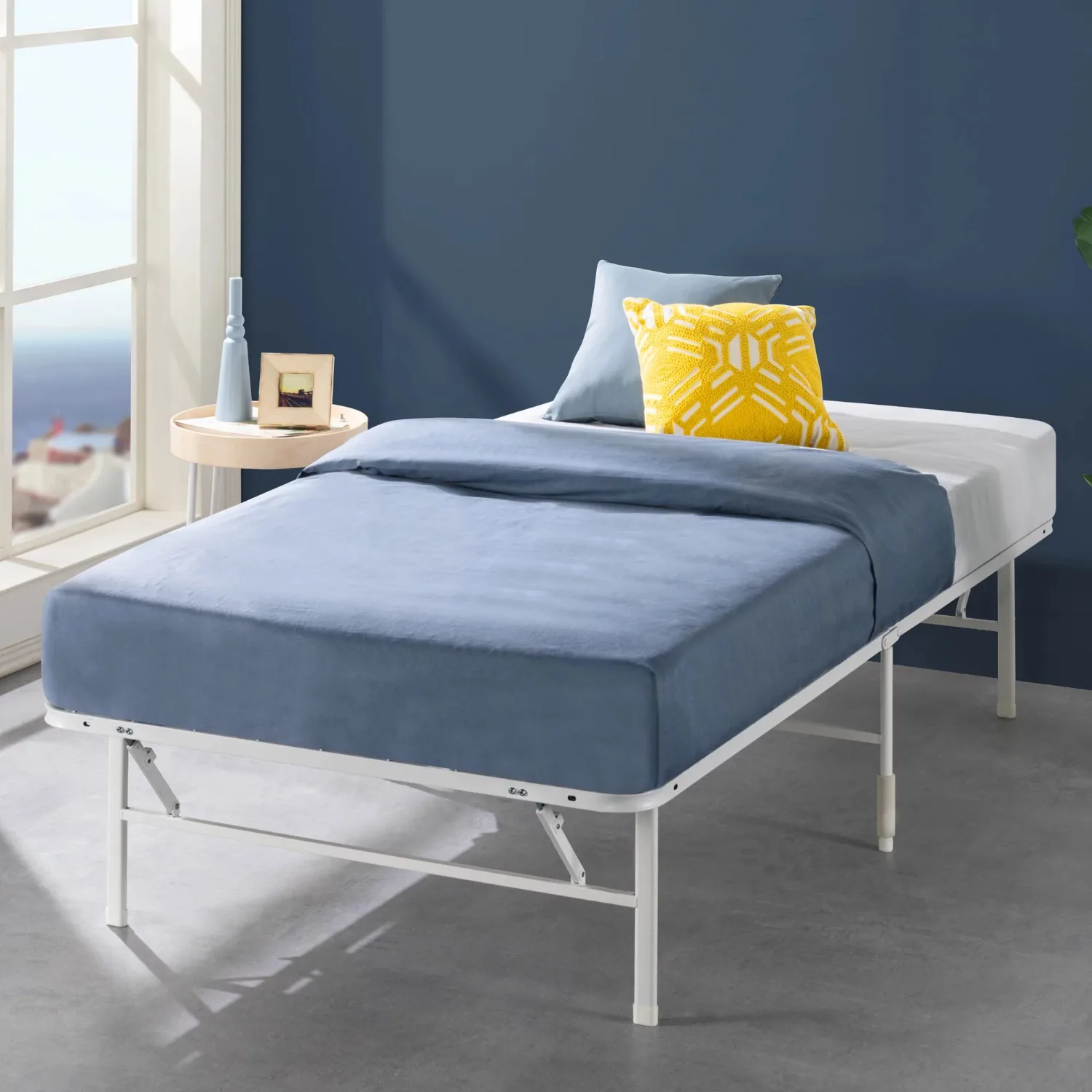 

Белое металлическое умное основание Zinus, 14 дюймов®Основание для матраса без инструментов, узкая двойная мебель для спальни, рама для кровати