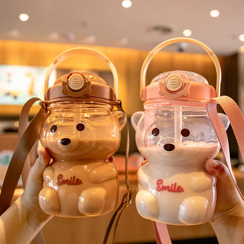 

1000ML Children Water Bottle for Girls Kids Kawaii Cute Bear Kettle with Straw Plastic Drinking Bottle Summer Drinkware