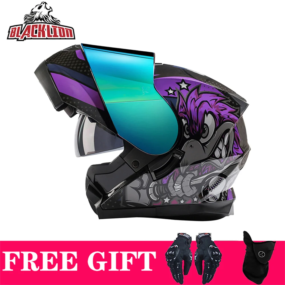 

Black Lion162 Full Face Flip Up Motorcycle Helmet Racing Motorbike Casque with Double Sun Visor Casco Moto Helmets DOT Capacete