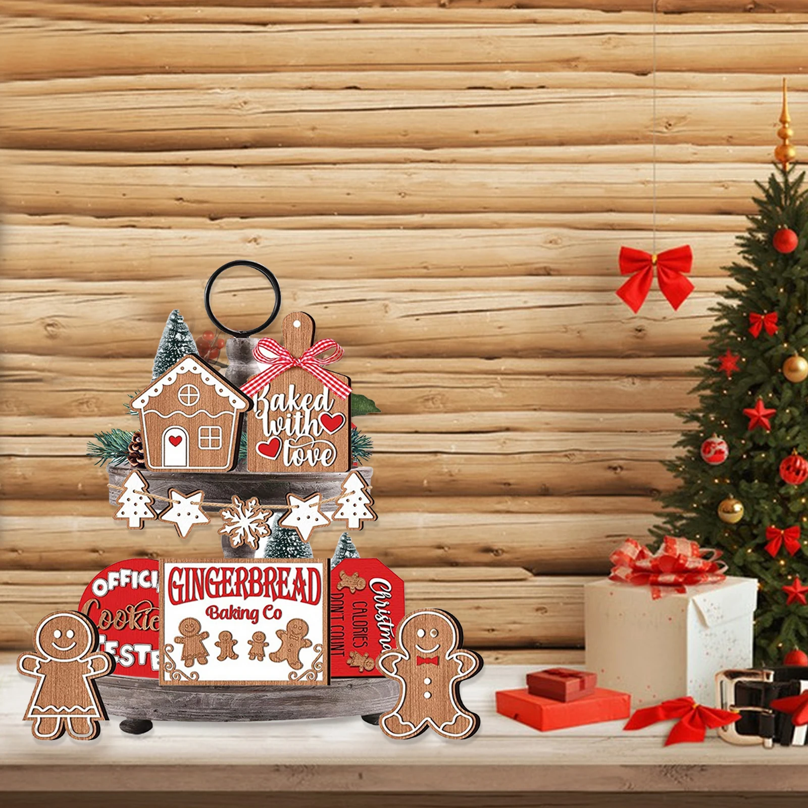 

12pcs/Set Gingerbread Tabletop Christmas Decorations Wood Sign Layered Tray Kawaii Xmas Party Home Festival Accessories Gift