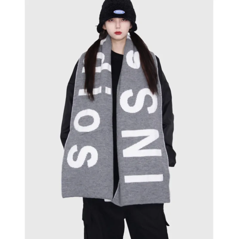 

Autumn Winter Letter Jacquard Women Long Knitted Scarf Fashion Harajuku Width Warm Neckerchief Bib Shawl Wraps