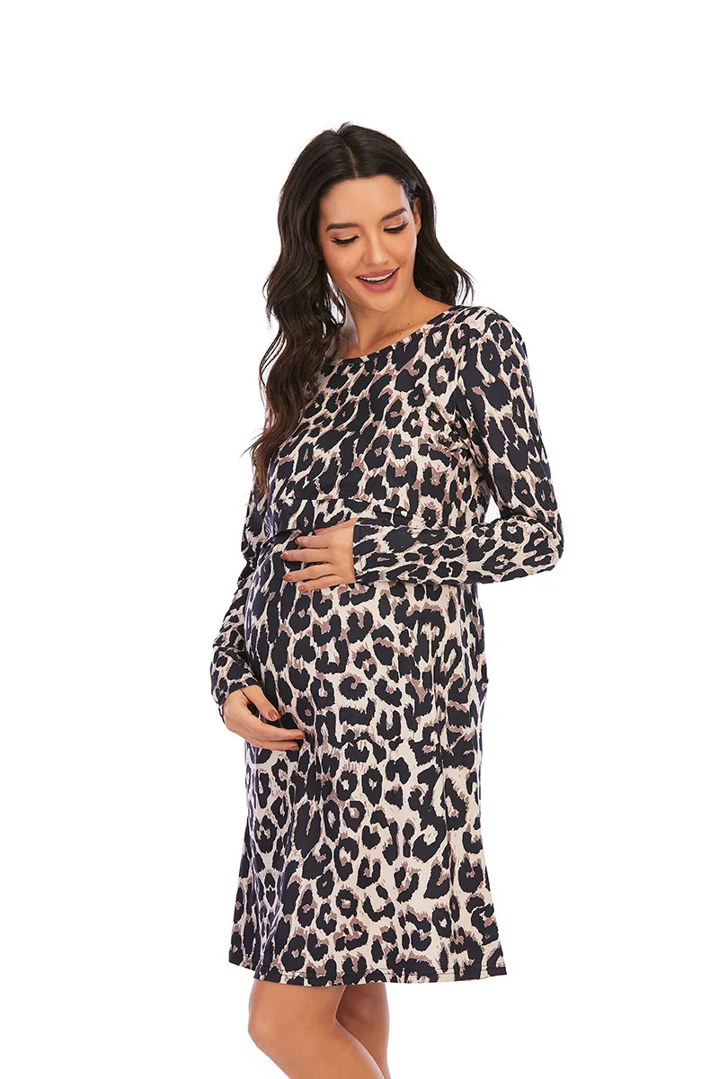 

Maternity Dress Casual Leopard Print Women Long Sleeve O-collar Breastfeeding Nursing Loose Outer Wear Dress Pregnant Clothes