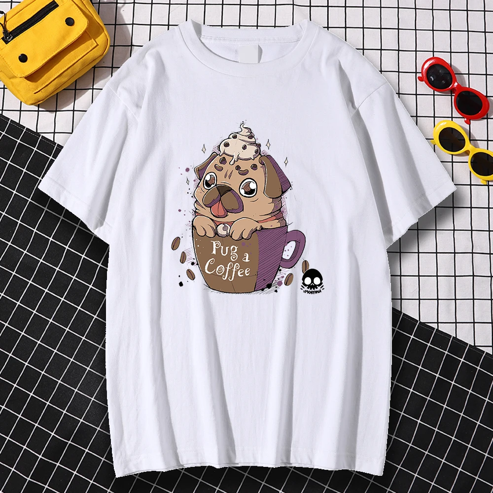 

Pug A Coffee Cute Prints Mens T-Shirt High Quality Crewneck T Shirts Summer Loose Sportswear Loose Breathable T Shirts