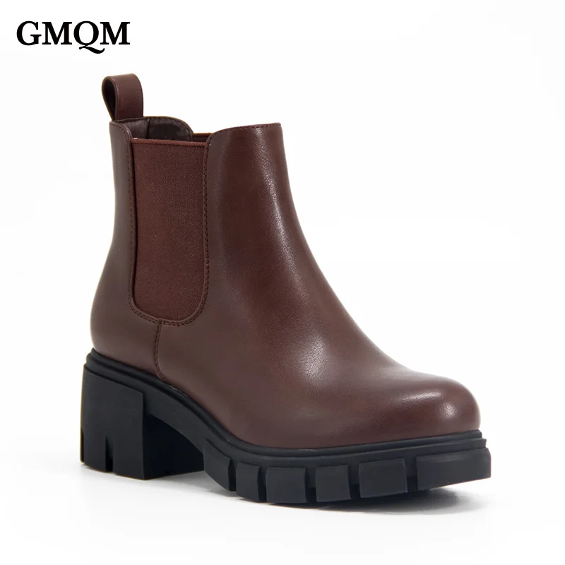 

Новые брендовые Модные женские ботильоны на платформе Ботинки Челси с эластичным ремешком на массивном каблуке с круглым носком для офиса для женщин в британском стиле