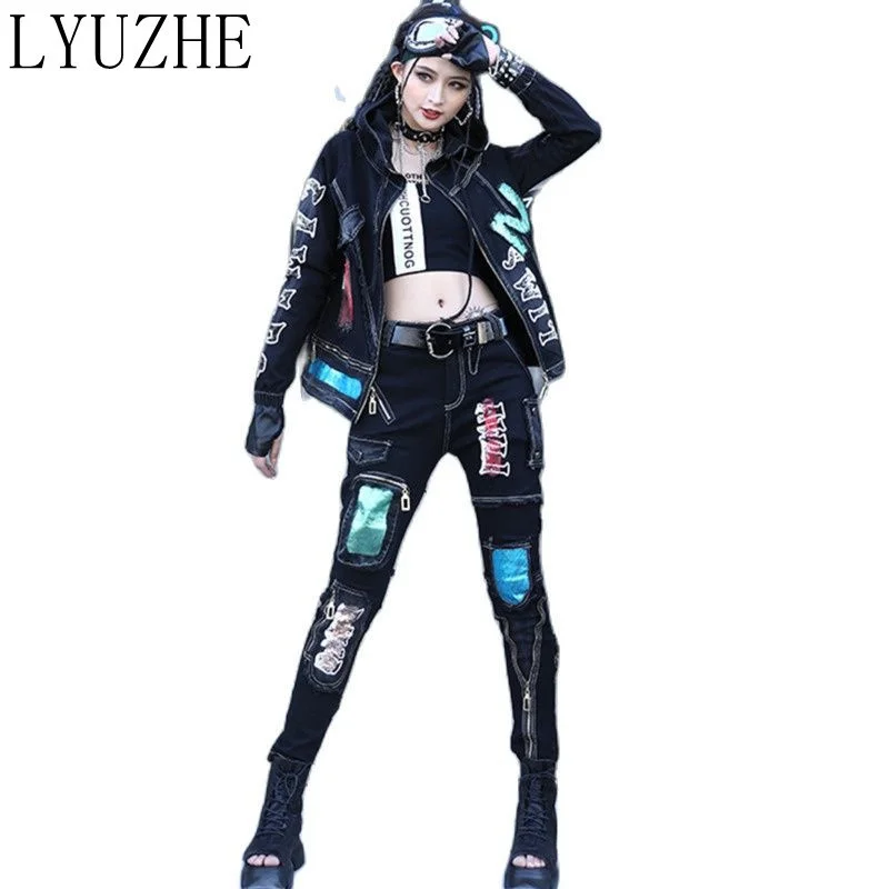 

LYUZHE Fashion Stitching Print Contrast Color Hooded Denim Jacket Jeans 2023 Spring Autumn Slim Black Denim Sets Women ZWL2275A