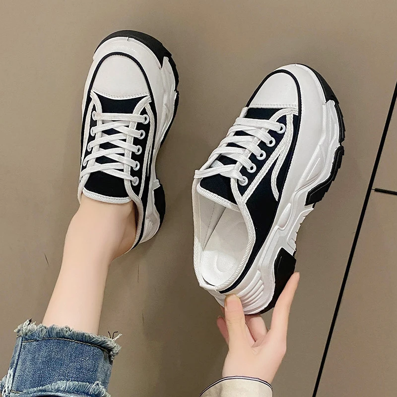 

Women's Slippers 2023 Spring Autumn Fashion Baotou Half Slippers Wear New Style Lace-Up Casual Canvas Slippers of Women