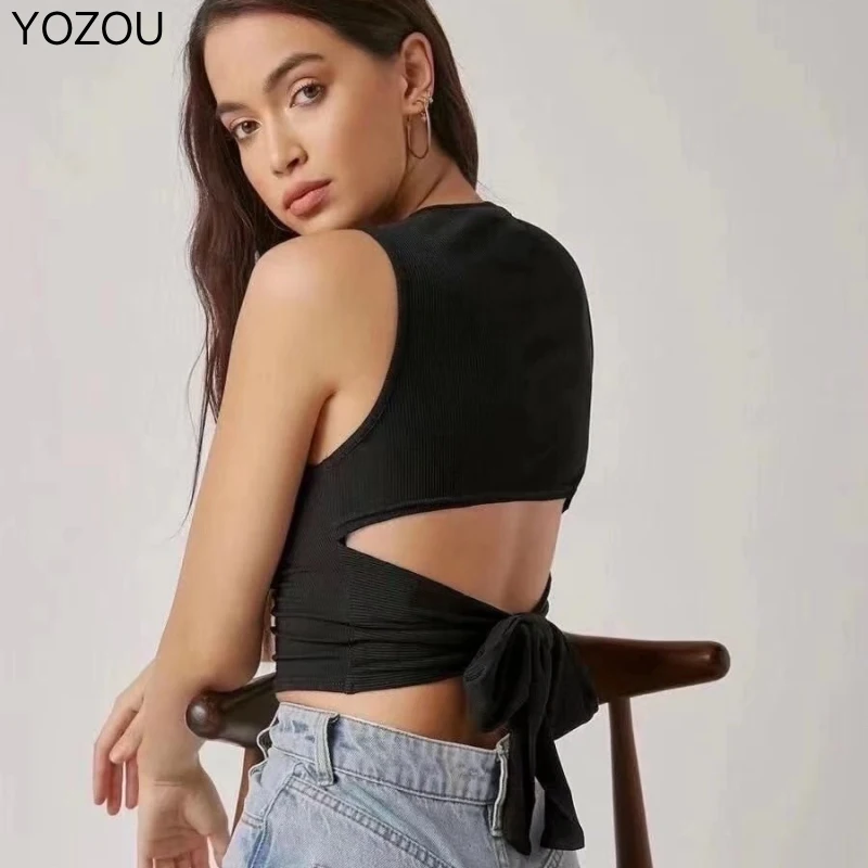 

YOZOU 2022 Summer Backless Design Crop Tank Top Lace Up Sleeveless Short Tee Tshirt Black Tops for Women Female V Neck Basic