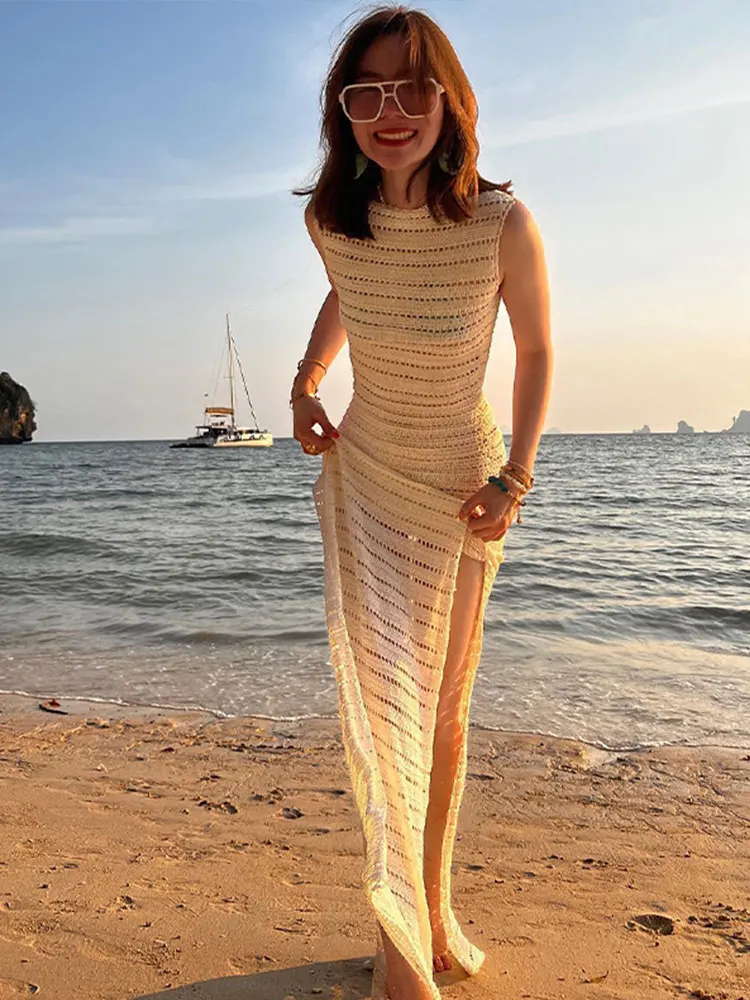 

Backless Sexy Womens Summer Dress Knitted Sleeveless Bodycon Beach Dresses for Women Party Maxi Split Clubwear Robe Vestidos