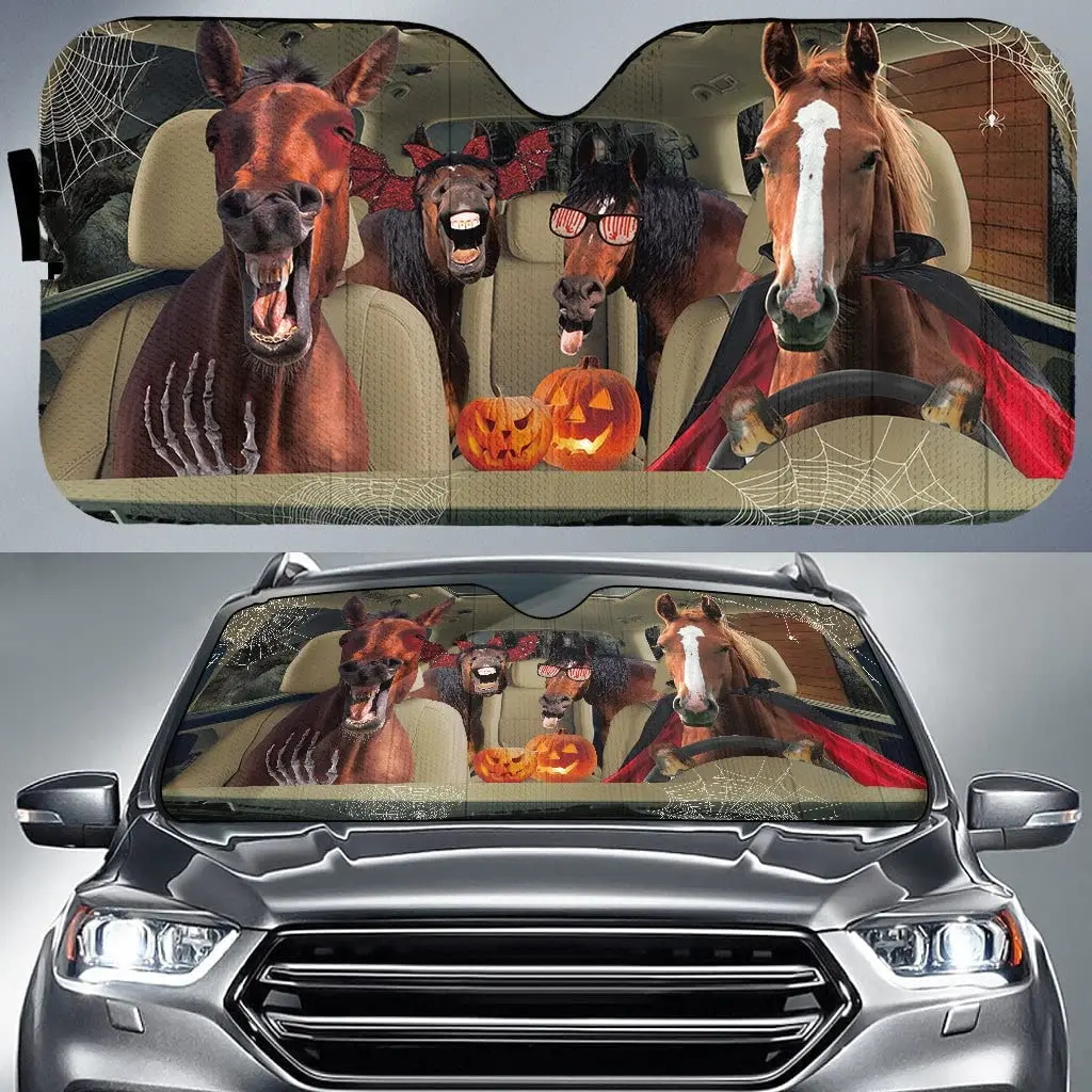 

Funny Horse Family Halloween Driving with Sunglasses Sunflowers Sunshade, Horse Driving Auto Sunshade for Farmer, Car Windshield