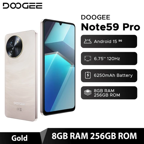 Глобальная версия смартфона DOOGEE Note59 Pro 5G, 32 ГБ (8 + 24), 256 ГБ, 6,75 дюйма, HD +, 120 Гц, UNISOC T8200, восьмиядерный аккумулятор 6250 мАч, Android15