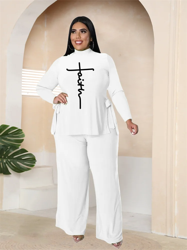 Plus Size Women Clothing Two Piece Set Faith Printed Fall Casual Loose Slip Top and Pants Wide Leg Who 3xl 4xl 5xl 6xl