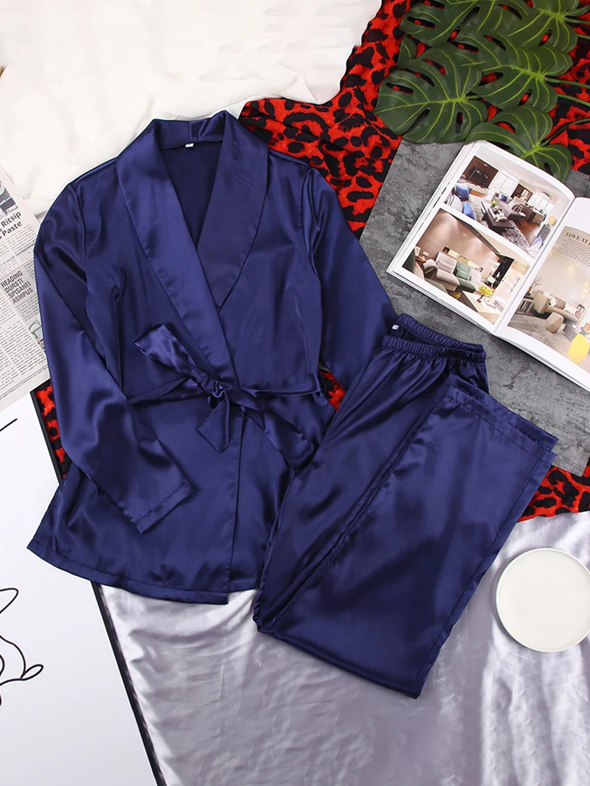 Marthaqiqi Loose Long Sleeve Women'S Pajamas Sets Satin Lace Up Robe Sleepwear Sexy V-Neck Nightwear Wide Leg Pants Women Pajama