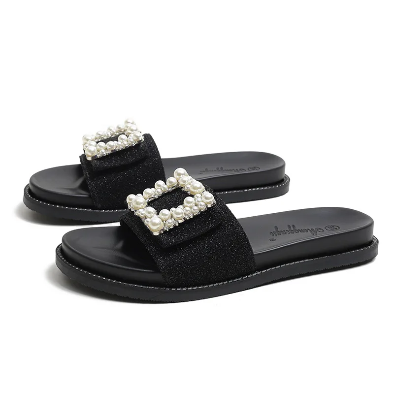 Open Toe Thick Sole Slippers for Women To Wear Out In The Summer of 2023 Sandals Pearl Water Diamond Beach Women's Shoes